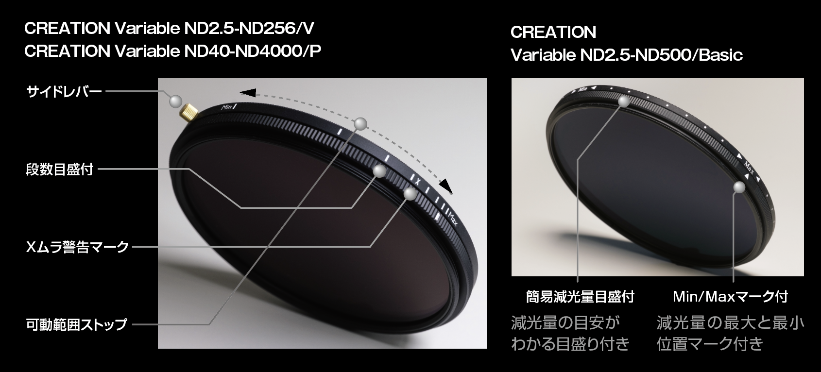 4月16日(金) Variable ND2.5-ND256/V  CREATION Variable ND40-ND4000/P発売開始！ シーンに合わせて減光量を自在に調整 撮影現場での扱いやすさを突き詰めた、ワンランク上のNDです。